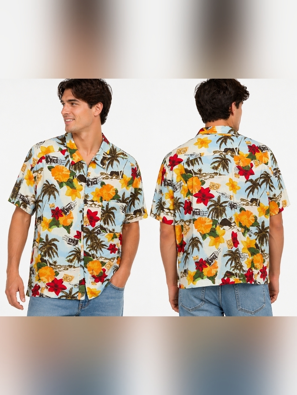 Tommy Hilfiger Hawaiian Shirt Mens Large Floral Palm Tree Rayon Button Up Camp A
